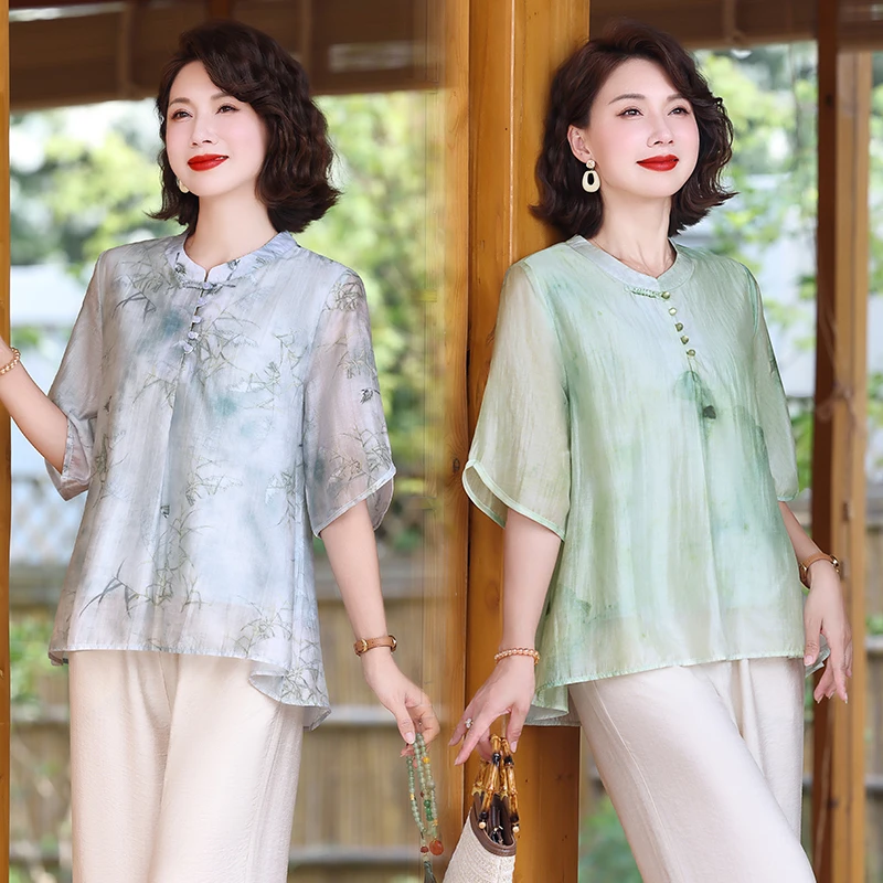 夏季妈妈装国风短袖复古T恤中老年百搭遮肚显瘦中式薄款时尚上衣
