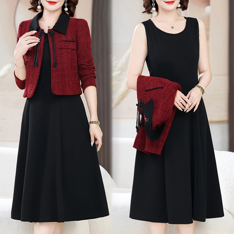 两件套连衣裙女2025秋季新款小香风气质外搭高贵妈妈时尚套装裙子