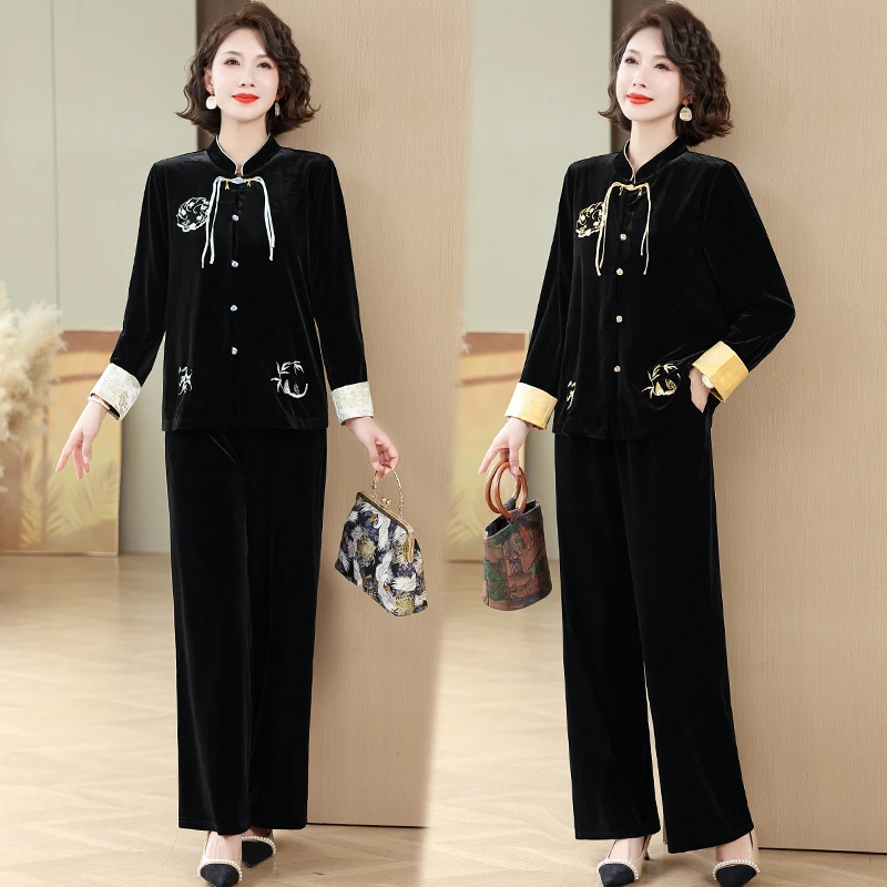 中年妈妈装秋装洋气纯色套装中老年女新款中式改良盘扣休闲两件套