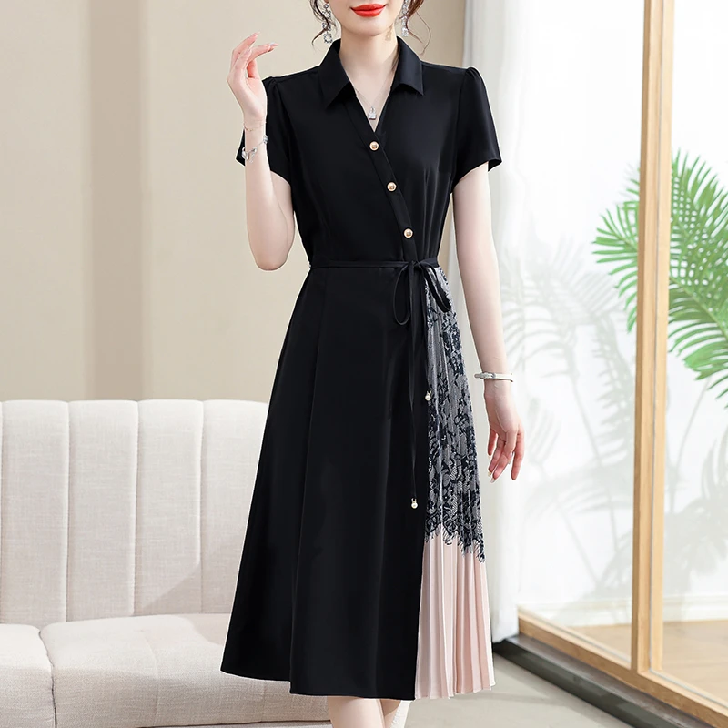 妈妈夏装短袖气质连衣裙中年女收腰中长款裙子中老年拼接裙子50岁