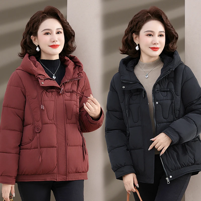 中年妈妈冬装连帽棉衣短款加厚棉服中老年女装洋气保暖棉袄外套
