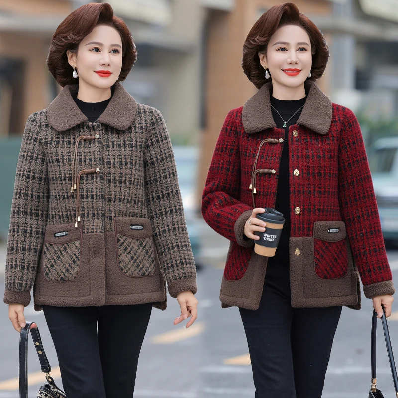 妈妈冬装加绒格子毛呢外套短款中老年女秋冬洋气保暖仿水貂绒上衣