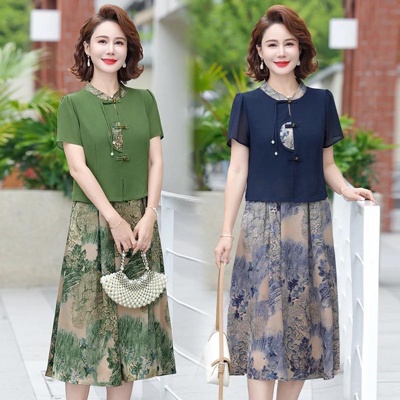 新中式国风假两件连衣裙夏季新款收腰显瘦遮肚子中长款时尚妈妈裙