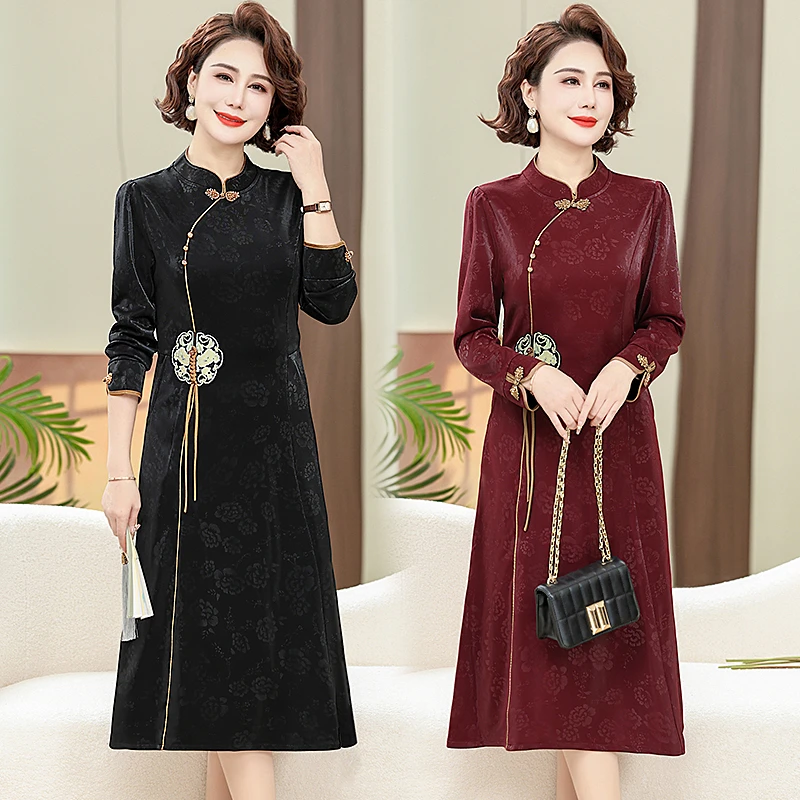妈妈春秋新中式改良旗袍连衣裙女国风春装新款阔太太婚宴礼服裙子