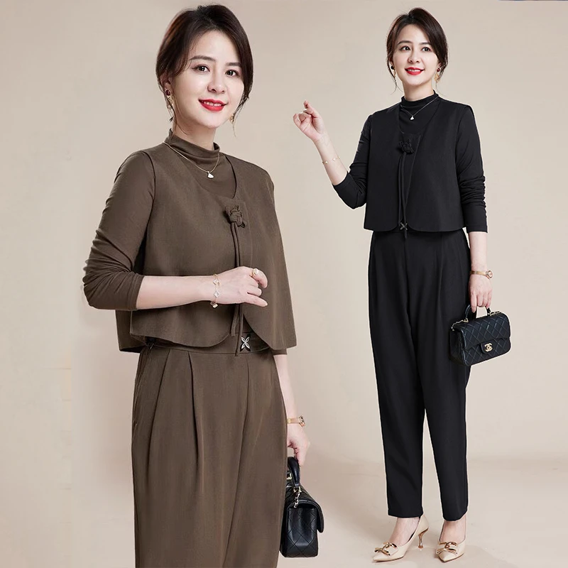 中年妈妈时尚套装春秋40岁50女人穿搭的衣服中老年春装洋气三件套