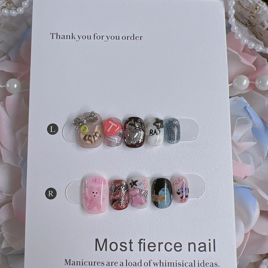 音乐节~最猛指甲盖儿小众趣味个性涂鸦小熊手工穿戴甲