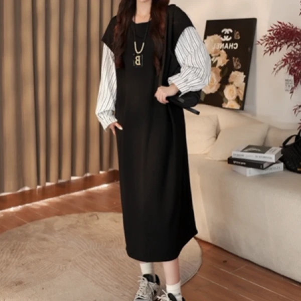 【现货】秋季韩版慵懒感假两件拼接连衣裙洋气显瘦开叉长裙24881