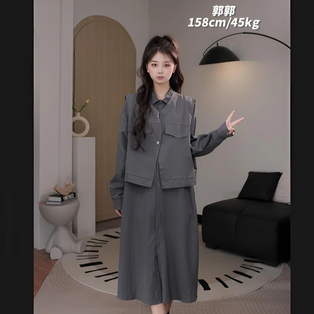 【现货】韩版气质立体感长衫短款无袖马甲休闲百搭两件套24761