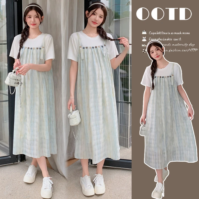 【JOJO的孕期穿搭】2024夏新品韩版时尚气质显瘦拼接假两件连衣裙