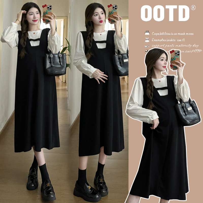 【JOJO的孕期穿搭】2024春秋新款韩版宽松型中长裙两件套春秋孕妇装