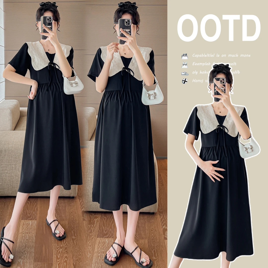 孕妇装夏季2024新款法式娃娃领减龄宽松显瘦时尚中长款孕妇连衣裙