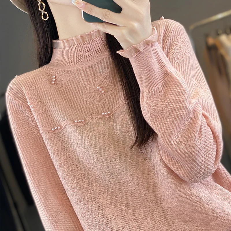 半高领蕾丝打底衫女2025新款洋气钉珠内搭特大码女装秋冬针织毛衣