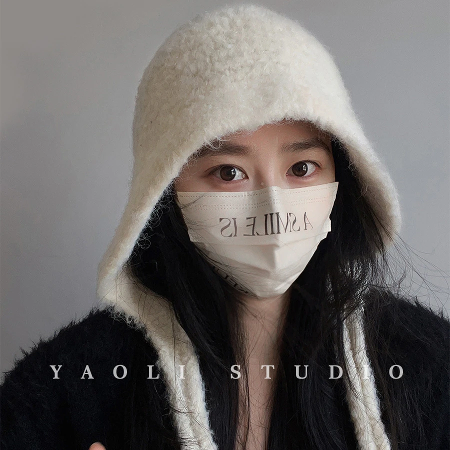 2024简约秋冬巴拉克拉法帽子女韩系保暖护耳防寒针织系带毛线帽潮