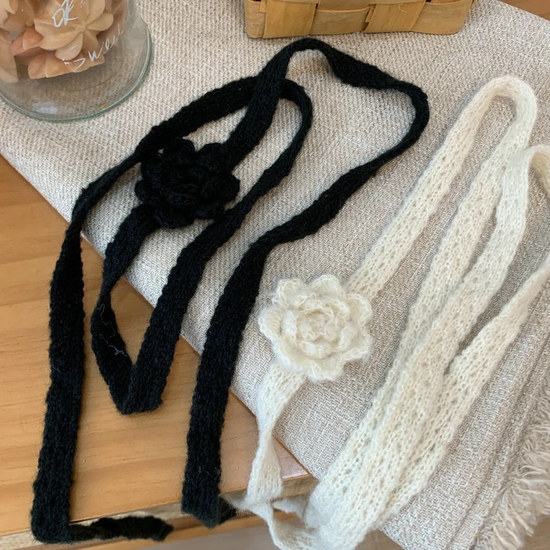 韩式小众立体玫瑰纯手工钩花围巾辣妹时髦穿搭单品细窄长条围巾