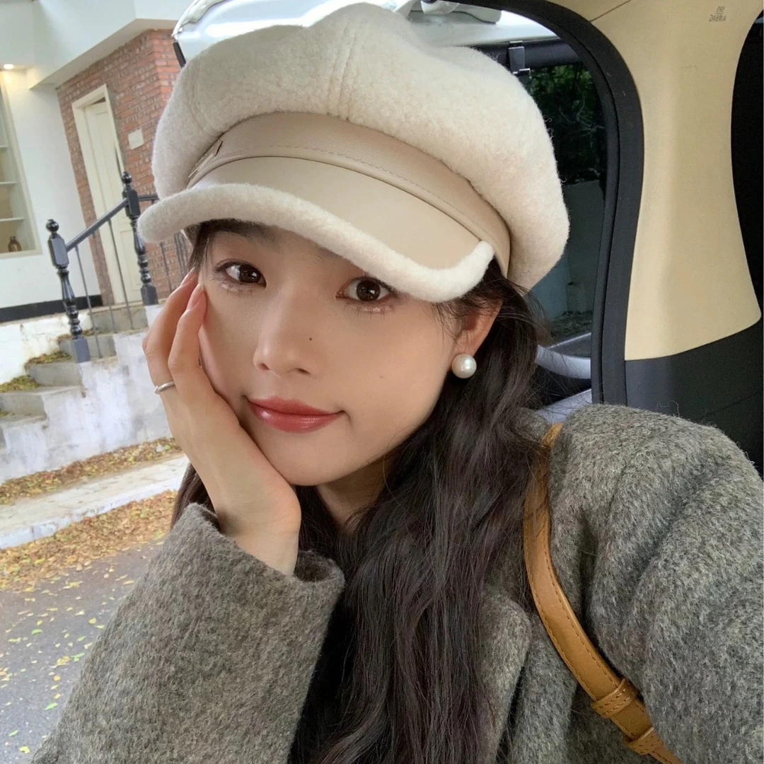 2024新款帽子女秋冬新款百搭毛绒拼接报童帽保暖毛呢八角帽贝雷帽
