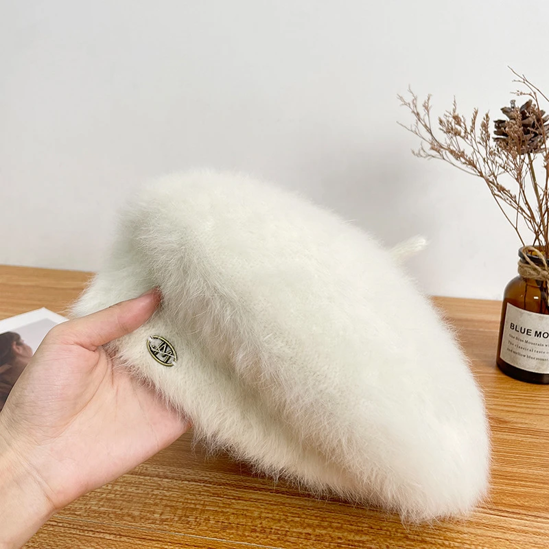 小香风贝雷帽女秋冬季气质百搭显脸小报童帽含兔毛保暖画家帽