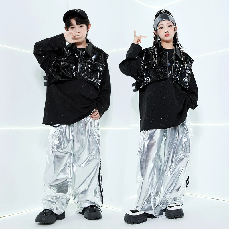 街舞潮服演出服男童套装hiphop童装嘻哈女走秀少儿爵士舞皮衣表演