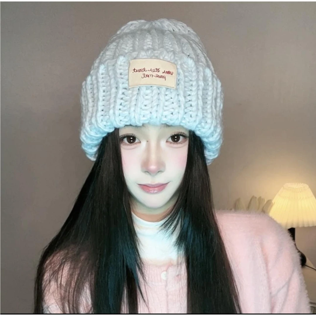 大头围绿色针织帽大头毛线洋气好看的帽子女显脸小冬天毛线帽女士