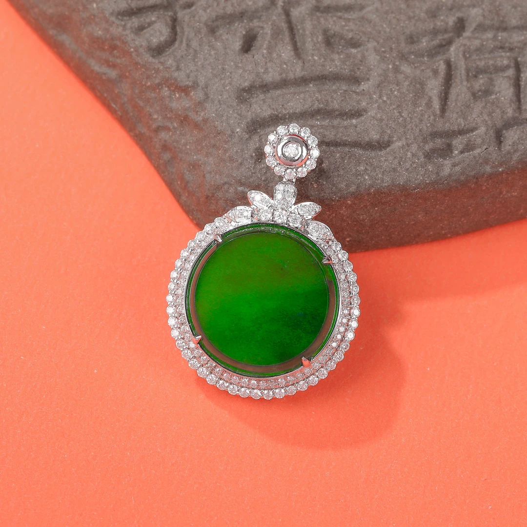 【传承翡翠】天然A货翡翠圆牌18K金吊坠多样性发一不含链