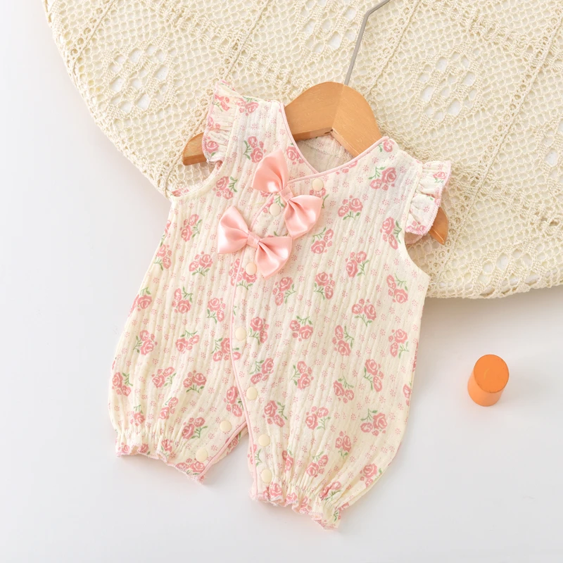 夏款蝴蝶纱布棉吸汗透气轻薄公主婴儿新生儿幼儿连体衣薄款哈衣