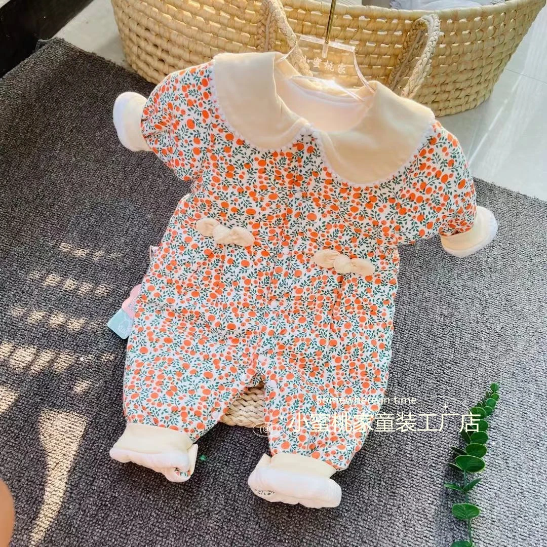 小橘子  女宝120克薄棉秋冬款保暖宝宝婴儿新生儿闭档哈衣连体衣
