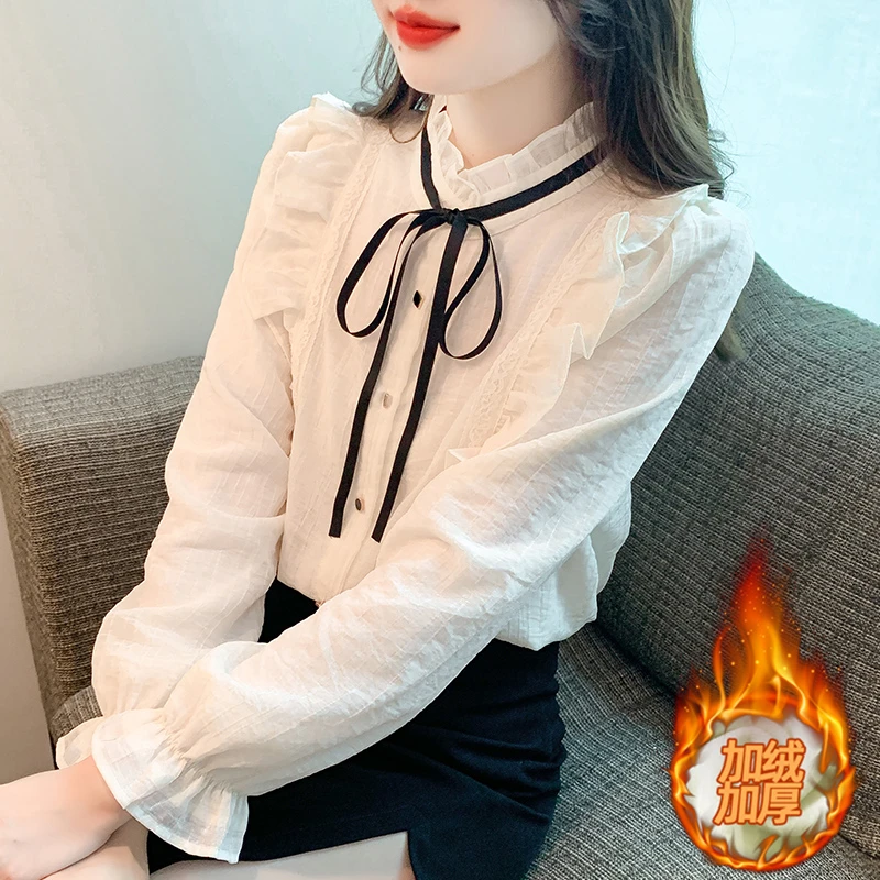 2025秋新款加绒加厚荷叶边长袖雪纺衫女士甜美减龄打底衫洋气上衣