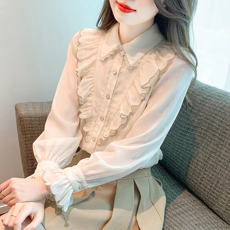 2025秋季新款蕾丝拼接荷叶边雪纺衬衫女洋气漂亮小衫甜美长袖上衣