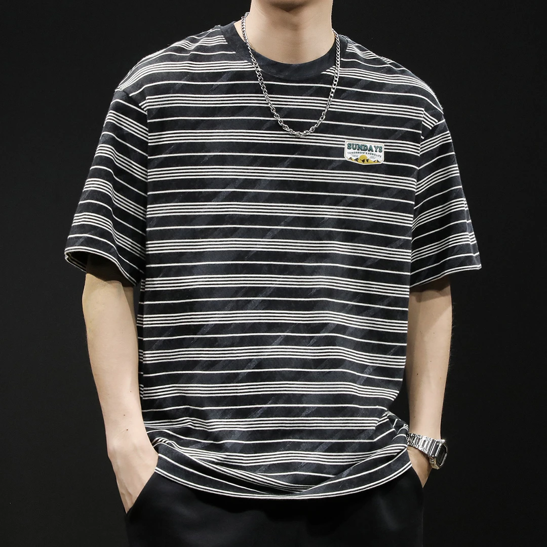 LEIGHZ/雷茨条纹百搭短袖t恤男夏季宽松大码潮牌2024新款男装纯棉