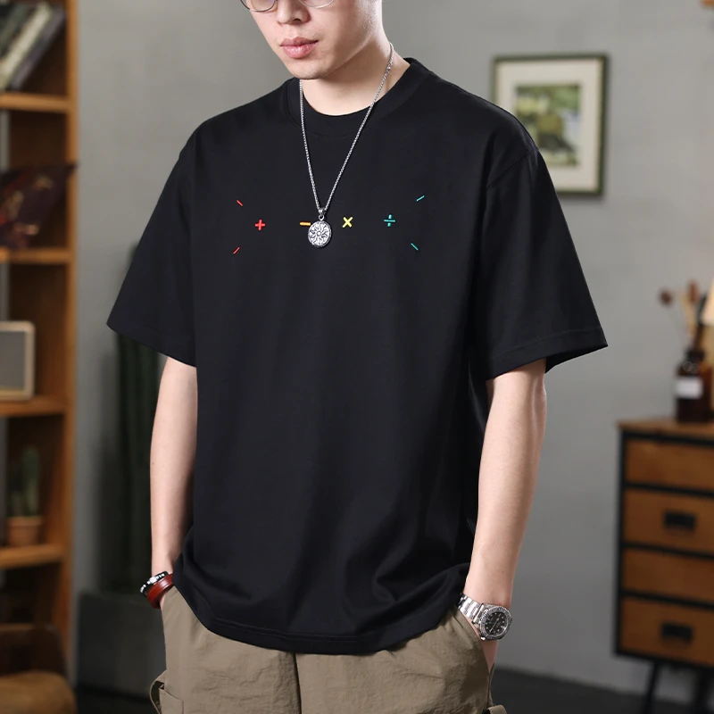 LEIGHZ/雷茨260g重磅珠地棉短袖T恤男士夏季刺绣圆领百搭男装t恤