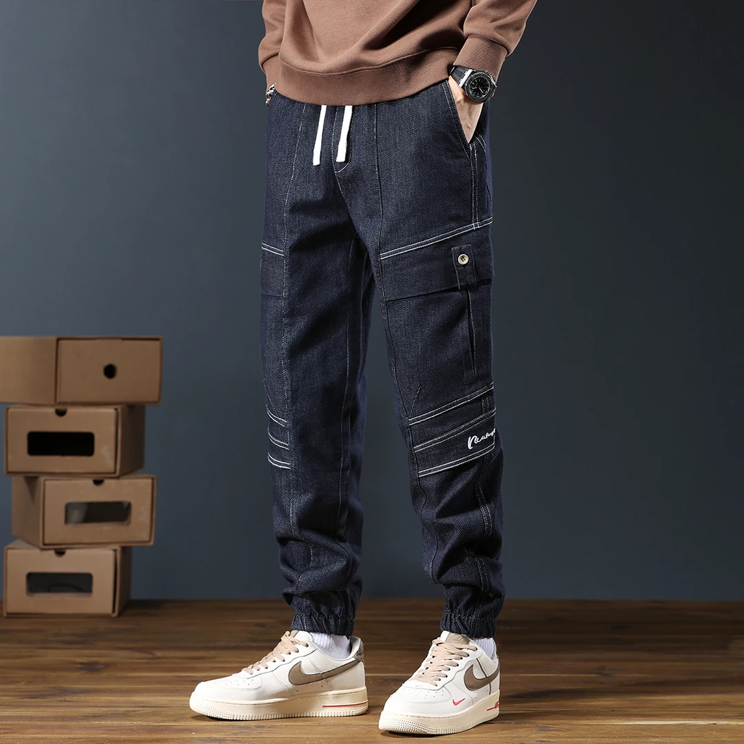 潮牌束脚牛仔裤男秋季2024新款宽松显瘦百搭小脚工装裤子大码男士