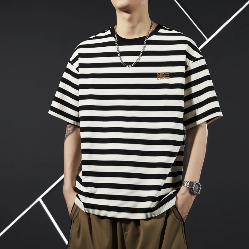 LEIGHZ/雷茨条纹短袖t恤男士夏季2024新款宽松大码男衣服潮牌百搭