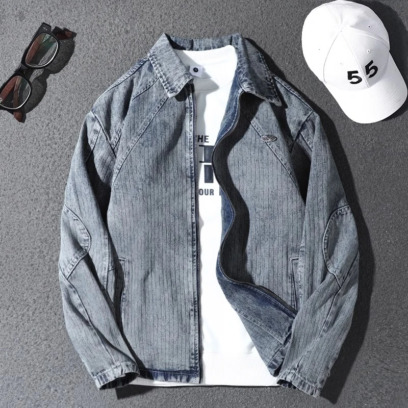 LEIGHZ/雷茨2024水洗男款时尚拼接牛仔夹克拉链翻领工装春秋季