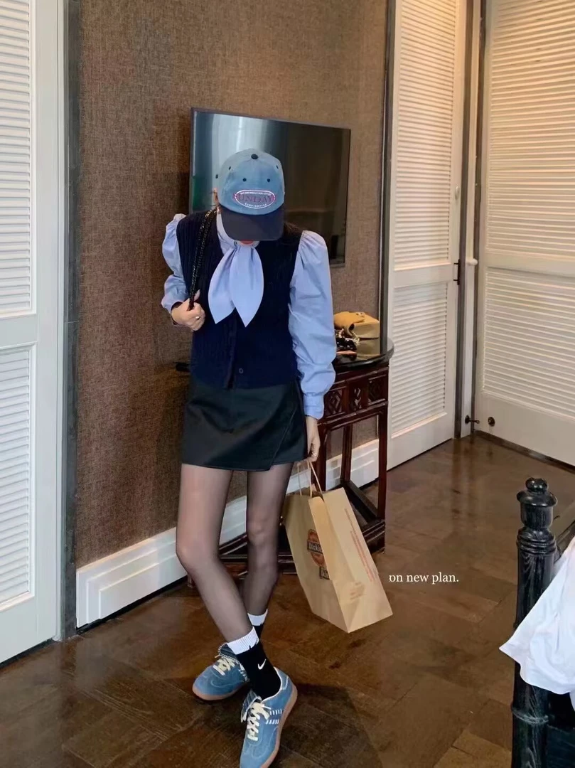 系带领结假两件衬衫女2023秋季设计感小众毛衣上衣