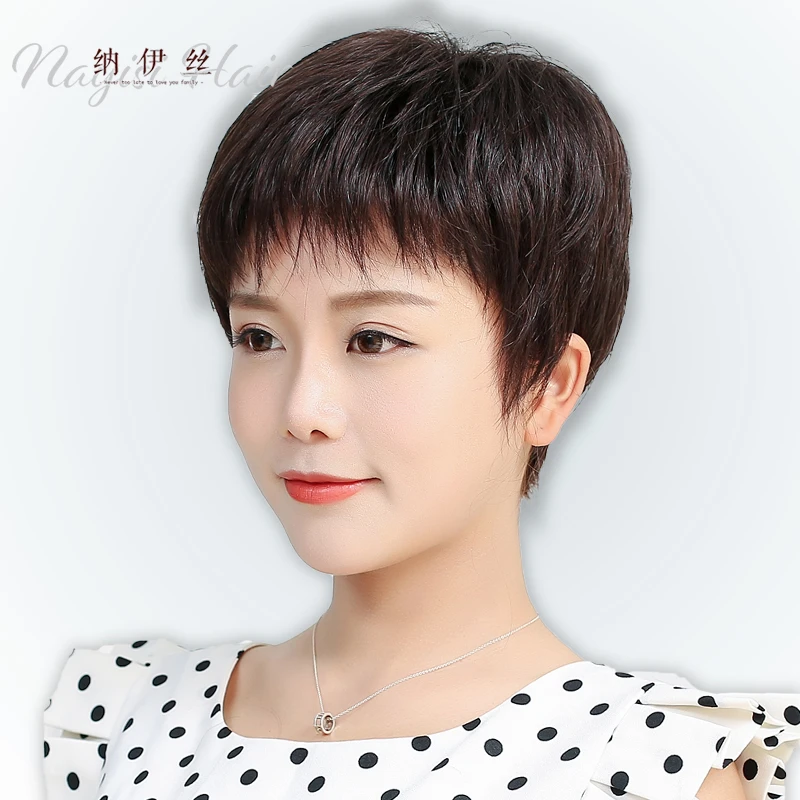 真发假发女短发送妈妈短卷发老年人蓬松圆脸中老年真人发丝假发套