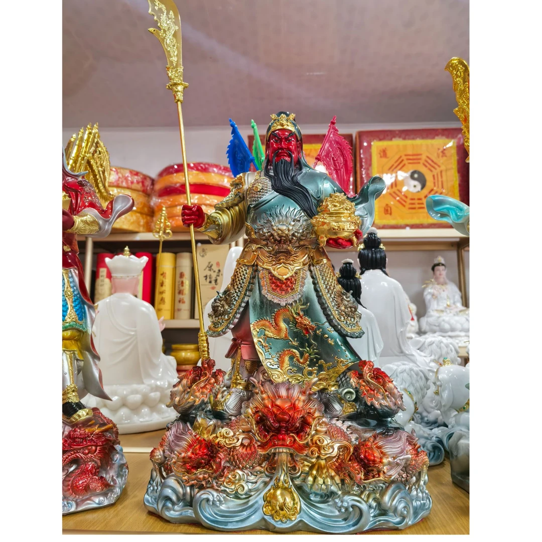 19寸树脂踏龙关公关二爷武财神彩旗像体家用关羽摆件