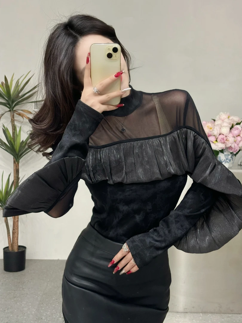 706 时尚女款立领加绒保暖秋冬荷叶边网纱拼接打底衫长袖上衣女
