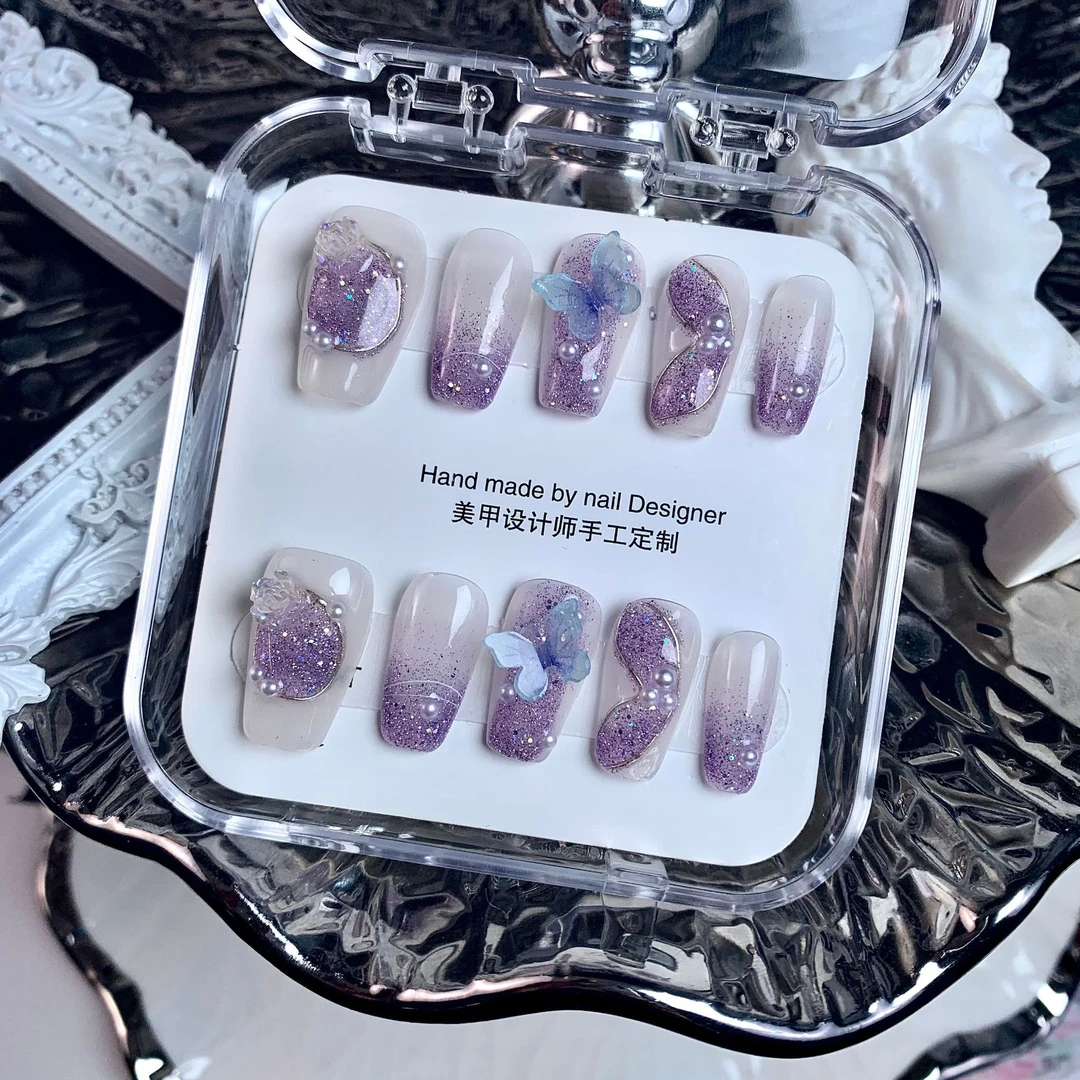 纯手工制作冰透裸色星星波点少女感蝴蝶美甲小红书同款Y60