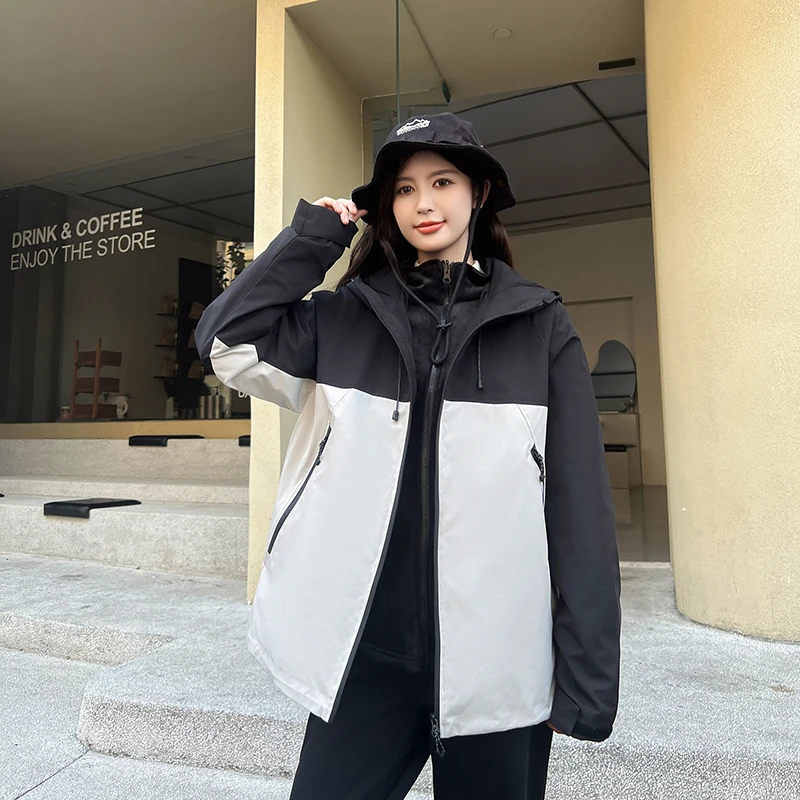 户外冬季冲锋男女同款山系连帽防风防水情侣外套-2077