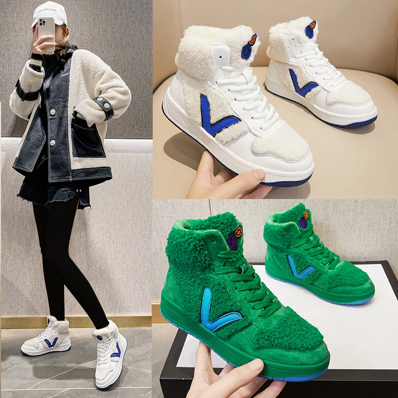 欧洲站加绒女鞋2022年冬季新款平底高帮休闲鞋系带保暖毛毛鞋韩版