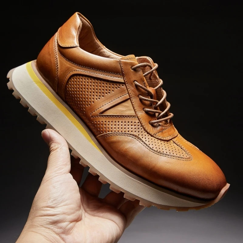 马皮运动鞋男2024春夏季透气薄款镂空休闲时尚轻便潮男高端老爹鞋