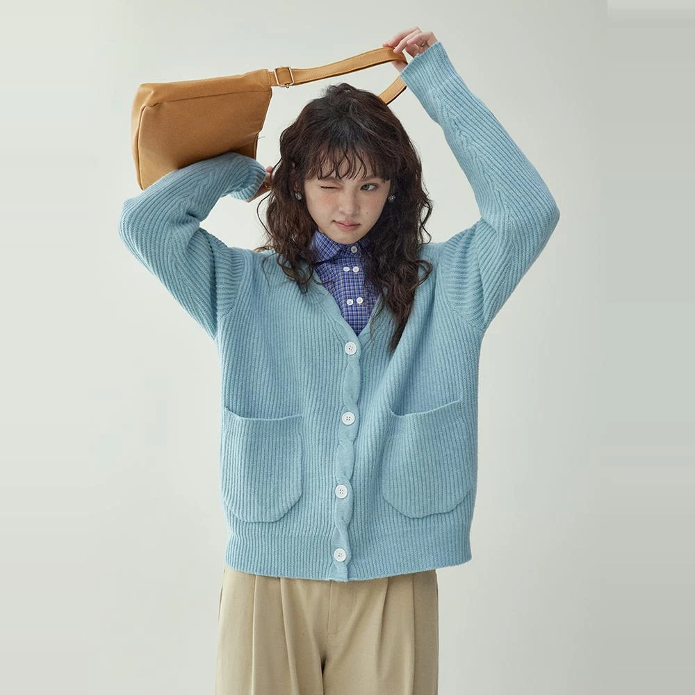 「北岛AMUU原创」温柔蓝色v领口袋针织开衫女秋冬季毛衣外套上衣