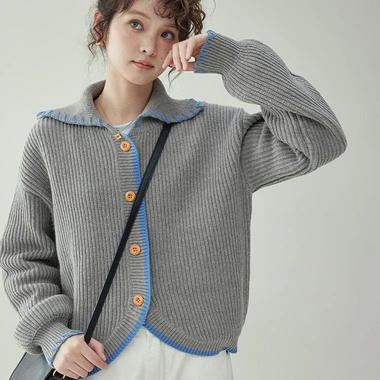 「北岛AMUU原创」时尚设计感拼色针织毛衣女秋冬新款翻领开衫上衣