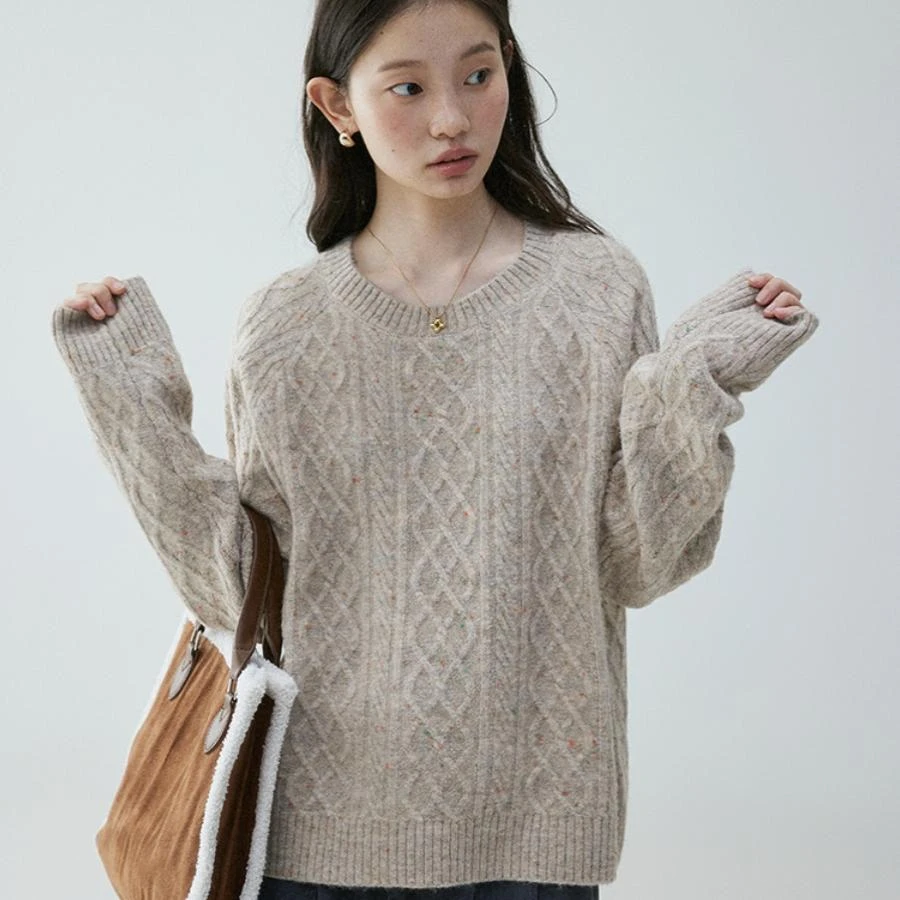 美式圆领麻花彩点针织毛衣女冬季复古宽松保暖上衣