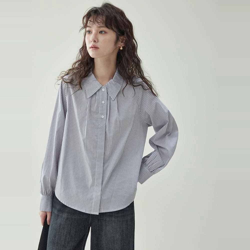 「北岛AMUU原创」法式polo领纯棉格子衬衫女秋冬新款内搭长袖上衣