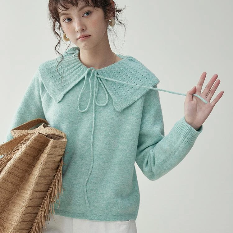 「北岛AMUU原创」少女感娃娃领长袖针织衫女秋冬绑带毛衣外套上衣