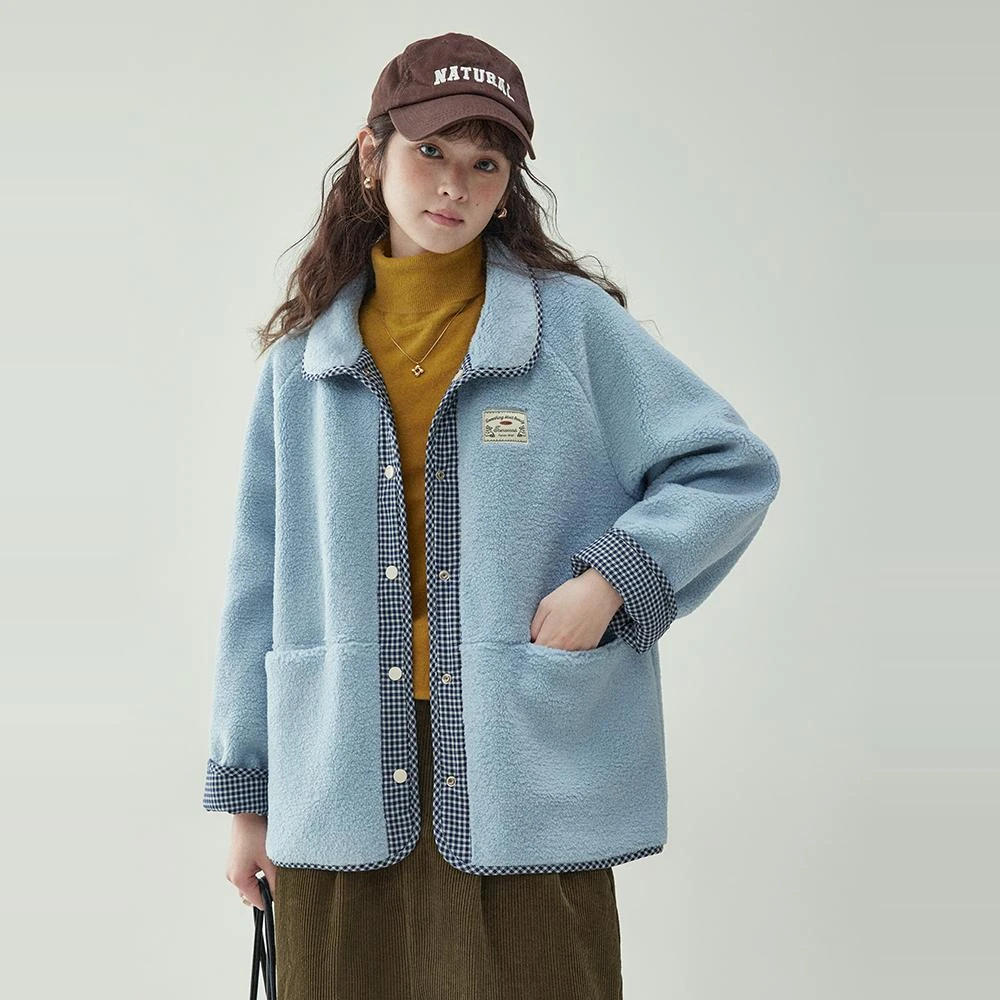 「北岛AMUU原创」单排扣摇粒绒双面穿保暖长袖外套女冬宽松拼色上衣