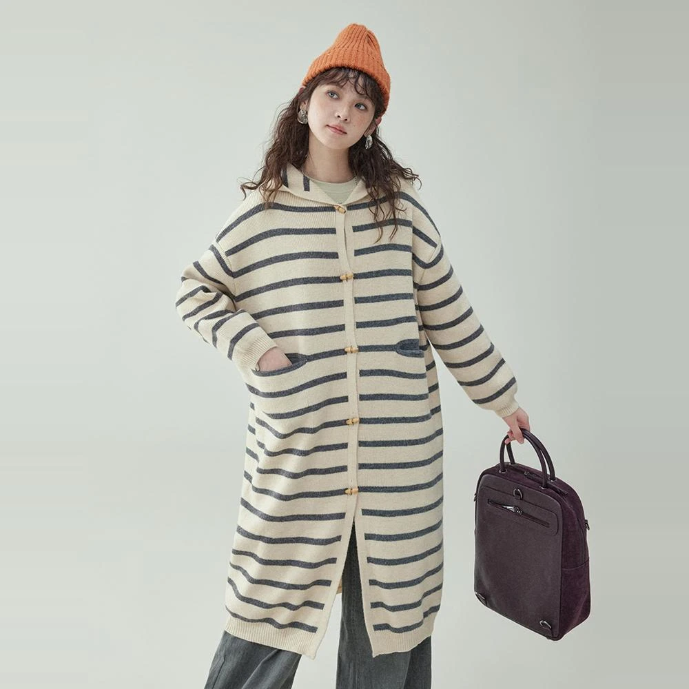 「北岛AMUU原创」条纹中长款针织牛角扣毛衣女冬连帽外套大衣上衣