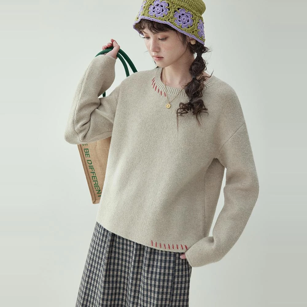 「北岛AMUU原创」纯色明线设计感长袖毛衣女秋冬新款圆领针织上衣