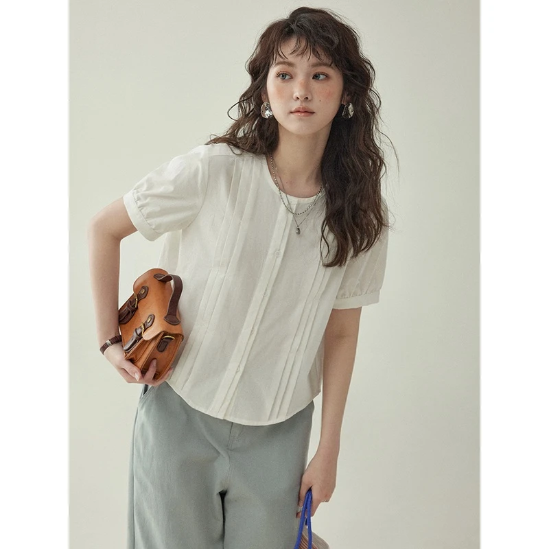 「北岛AMUU原创」圆领不规则白色短袖衬衫女夏季单排扣小衫上衣