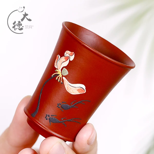 大德 原矿紫砂朱泥功夫茶具家用品茗杯泥绘鱼戏莲间主人杯C968